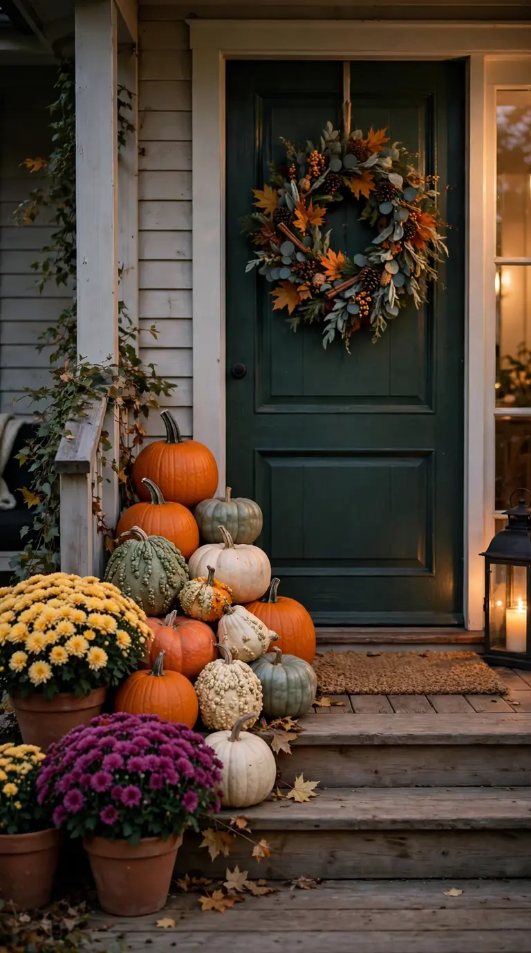 20 Fall Home Decor Ideas for a Warm Autumn Home 2026 Front porch decorated with pumpkins, mums, and a lit lantern
