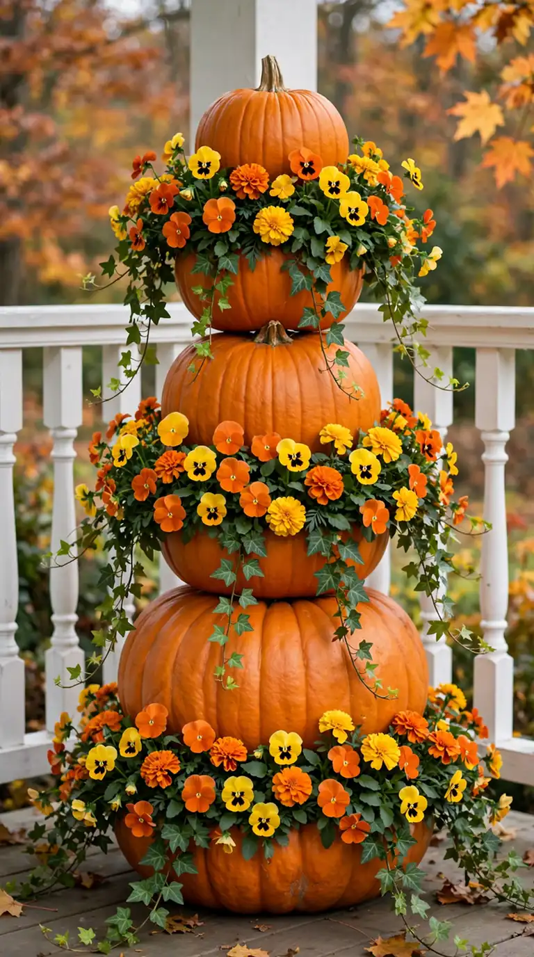 Three stacked pumpkins with cascading marigolds and pansies on a front porch