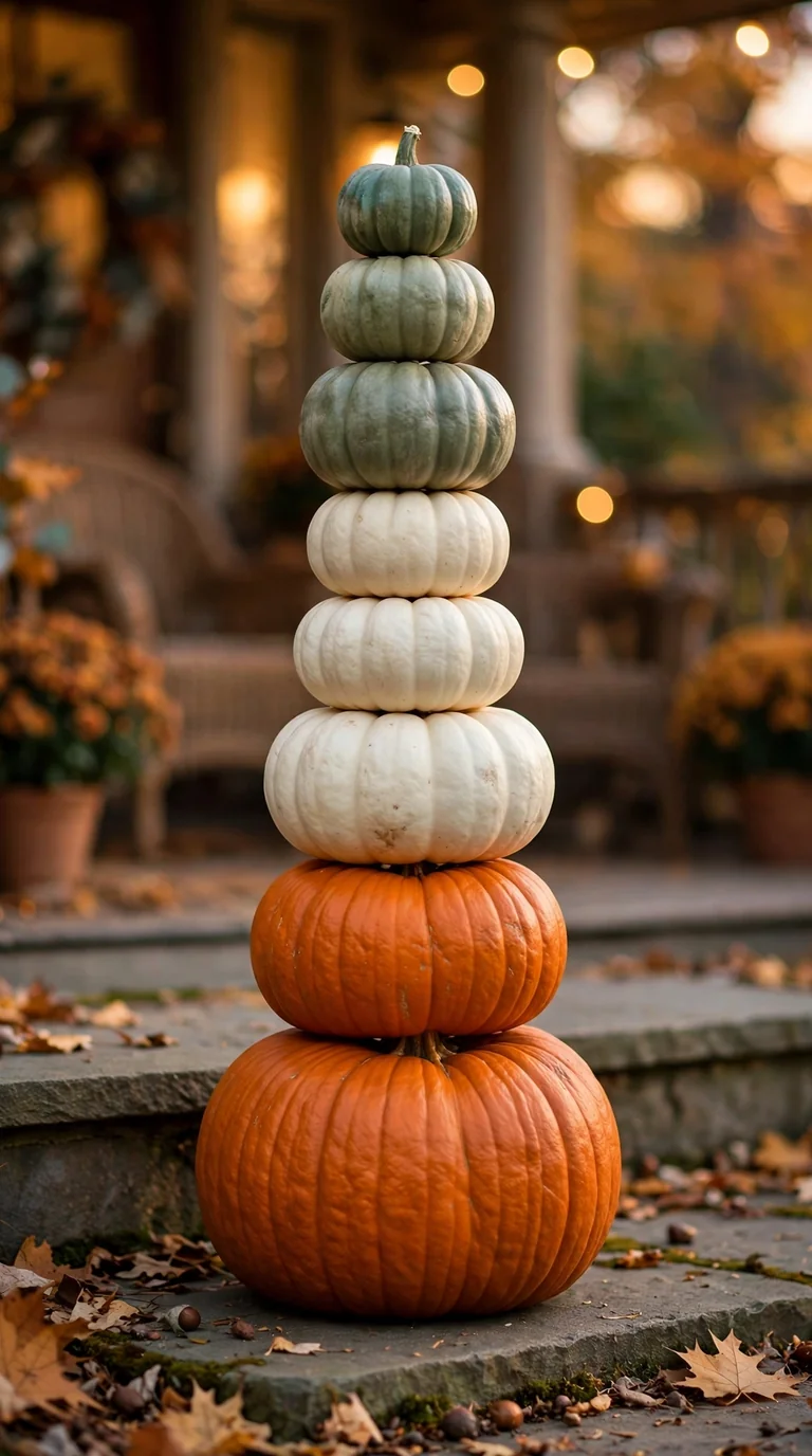 Stacked pumpkin tower in orange, white and green on fall front porch steps
