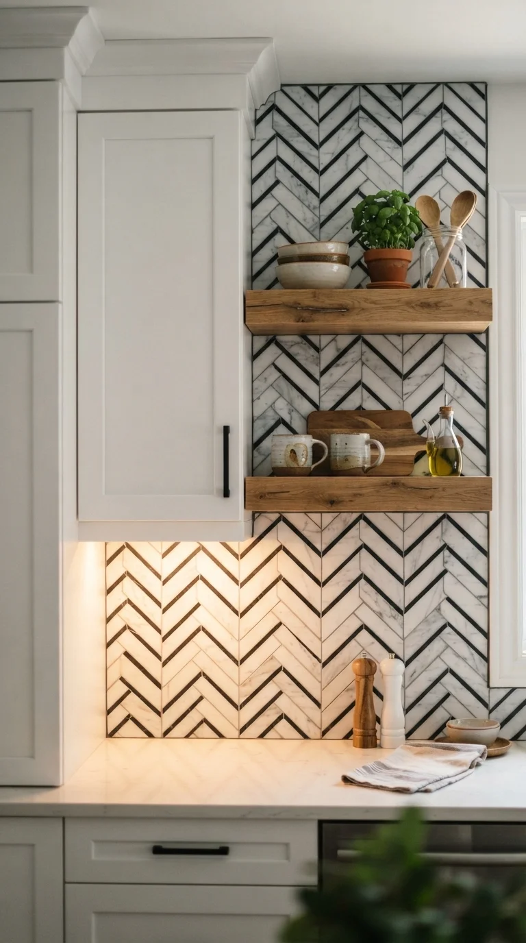 2. High-Contrast Herringbone Backsplash