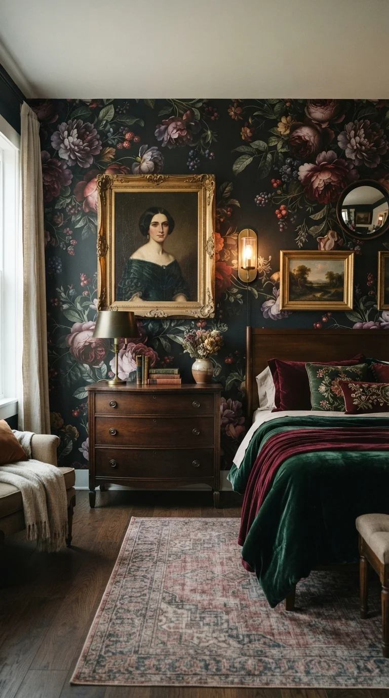 2. Moody Floral Wallpaper as a Focal Point