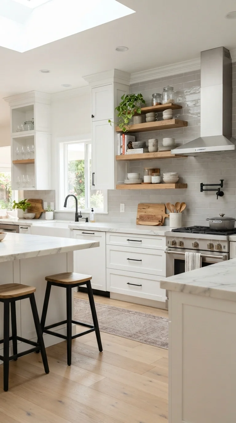2. Soft Gray Backsplash with White Shaker Cabinets