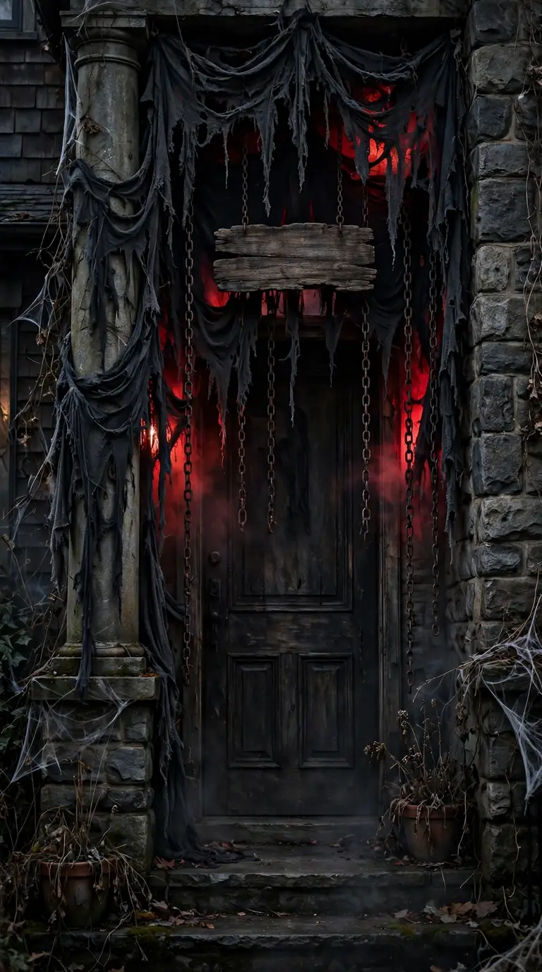 Front door covered in torn black creepy cloth with chains and red lighting