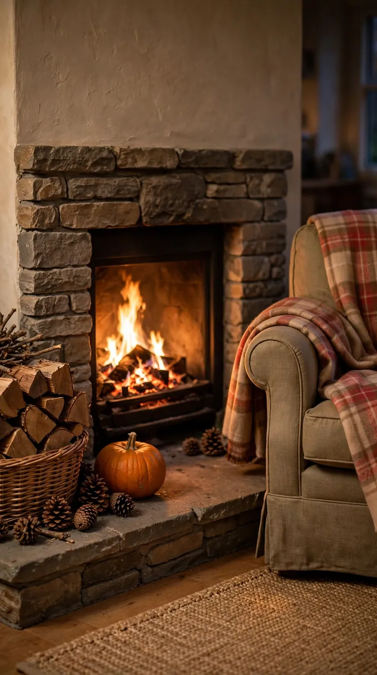 20 Fall Home Decor Ideas for a Warm Autumn Home 2026 Basket of firewood beside a glowing fireplace