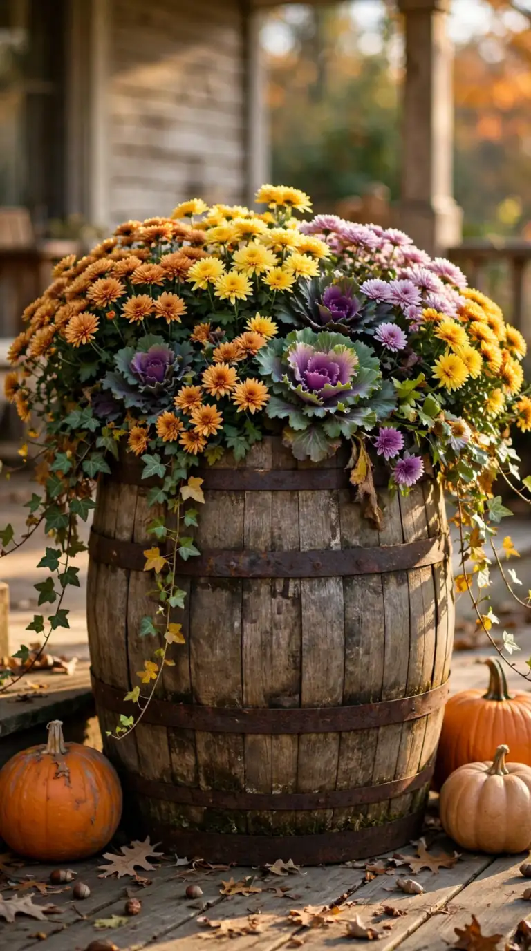 Vintage whiskey barrel planter filled with mums on a fall front porch