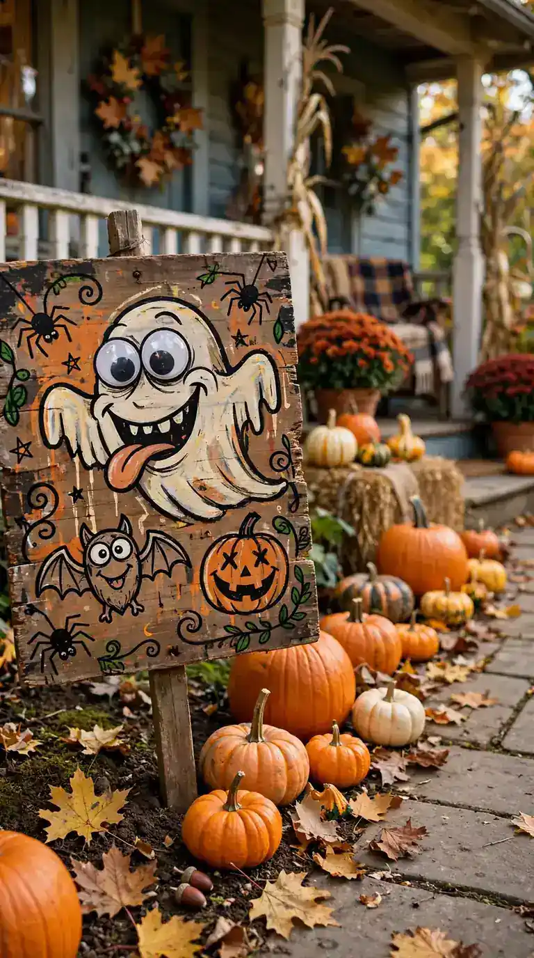 Hand-painted witch parking Halloween sign by a front walkway