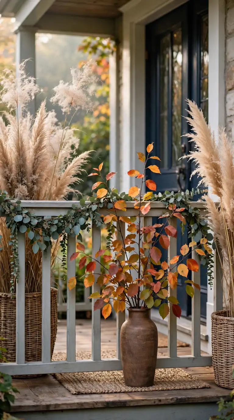 Early fall porch decorated with dried grasses and foliage before pumpkin season