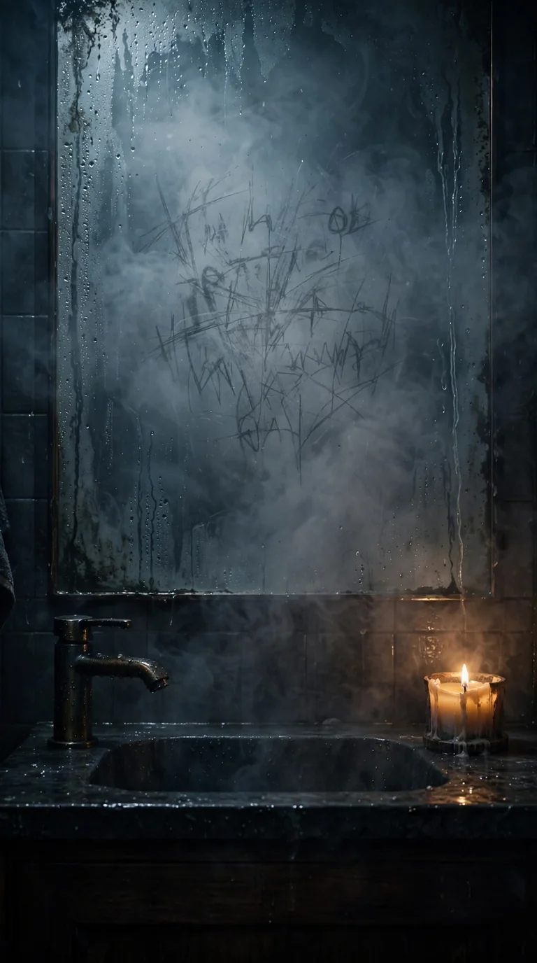 Spooky message appearing on a steamy bathroom mirror for Halloween