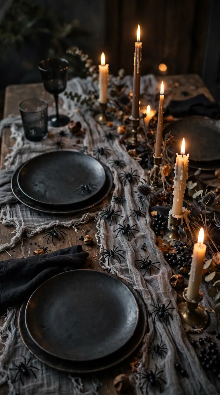 Cheesecloth spiderweb table runner with plastic spiders for Halloween dinner