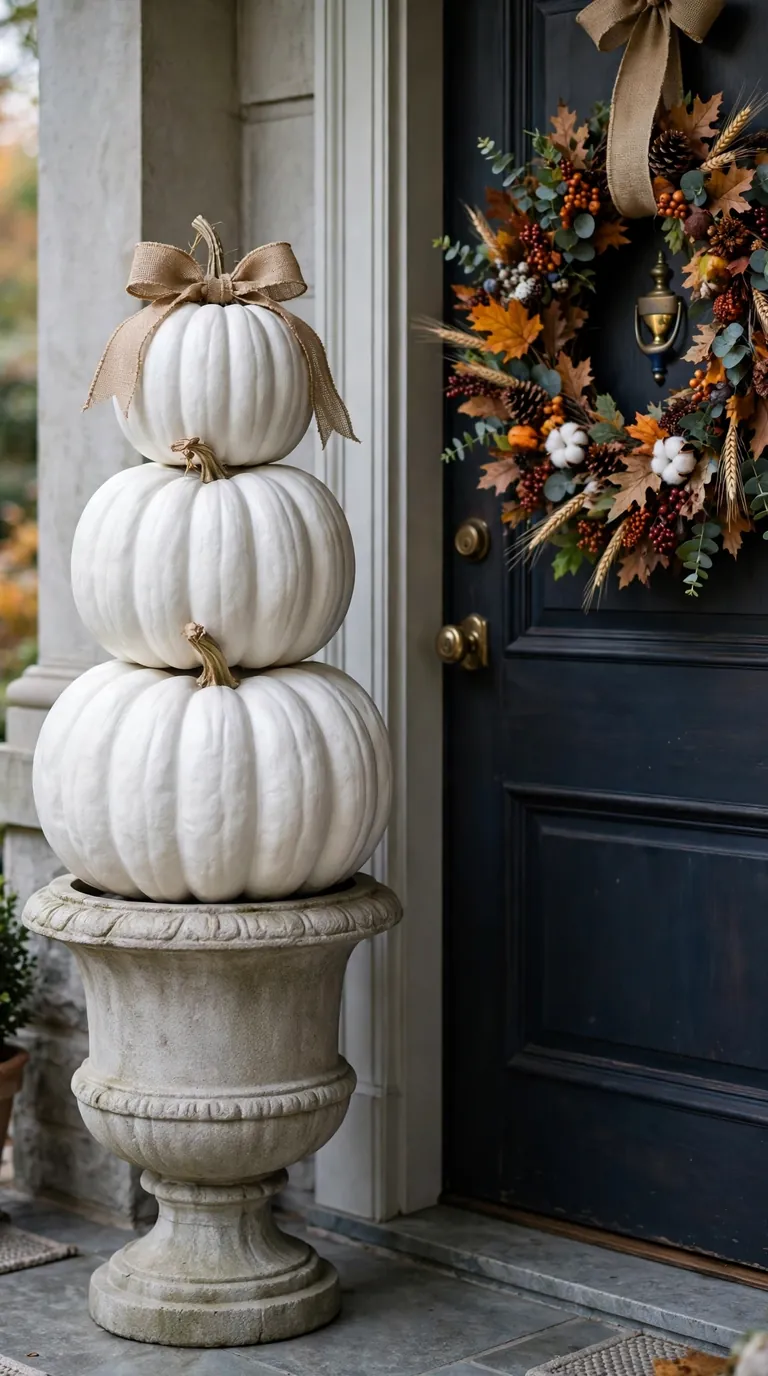 Stacked white pumpkin topiary on an urn by the front door