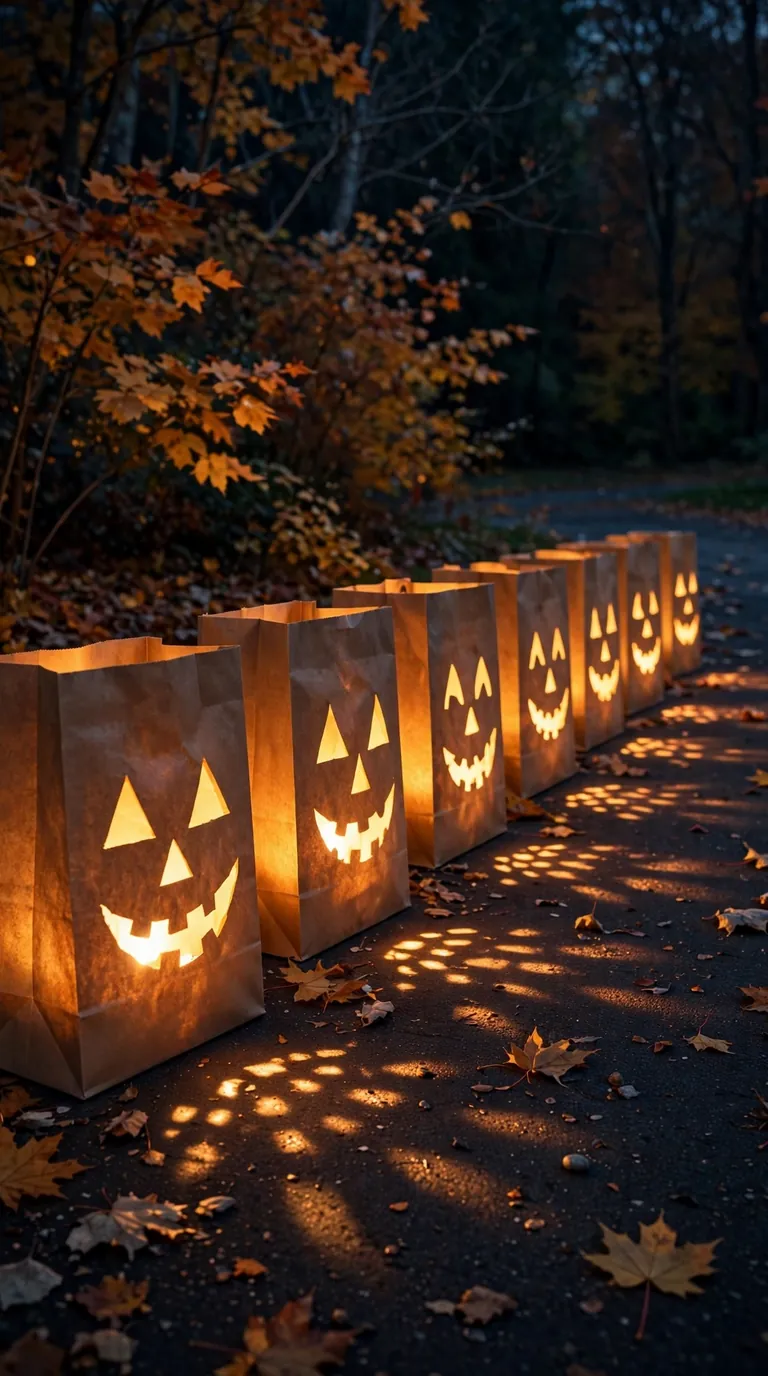 Glowing stenciled paper bag luminaries along a driveway at night