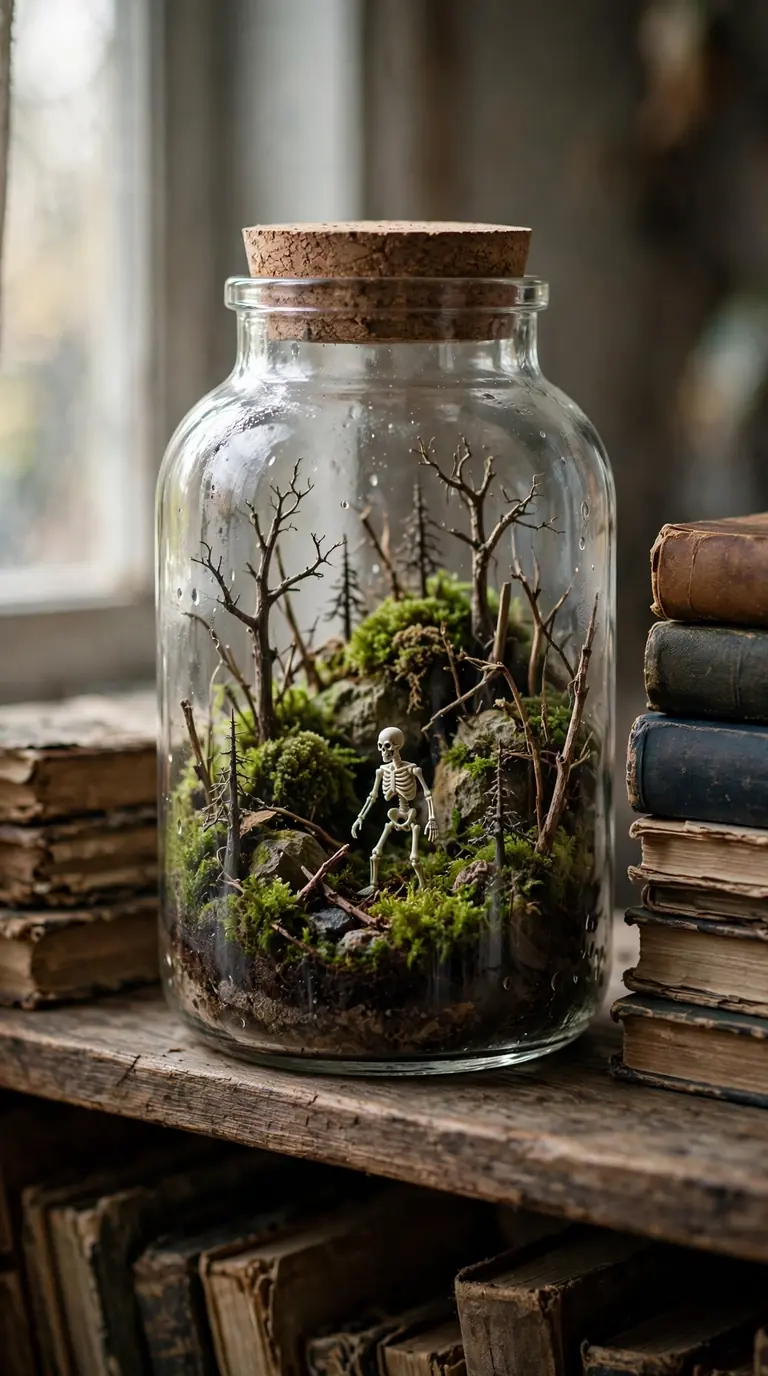 Mini haunted terrarium with moss and a tiny skeleton in a glass jar