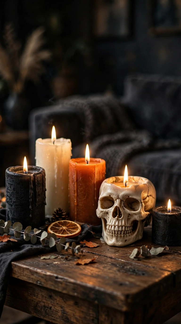Cluster of black, orange and ivory Halloween candles glowing on a table