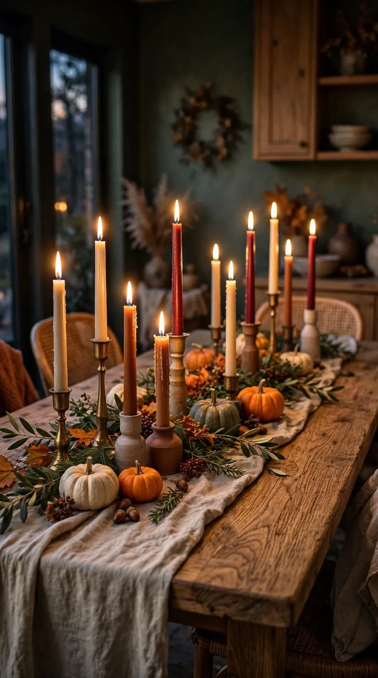 Dining table with taper candles in mixed-height brass holders along a linen runner