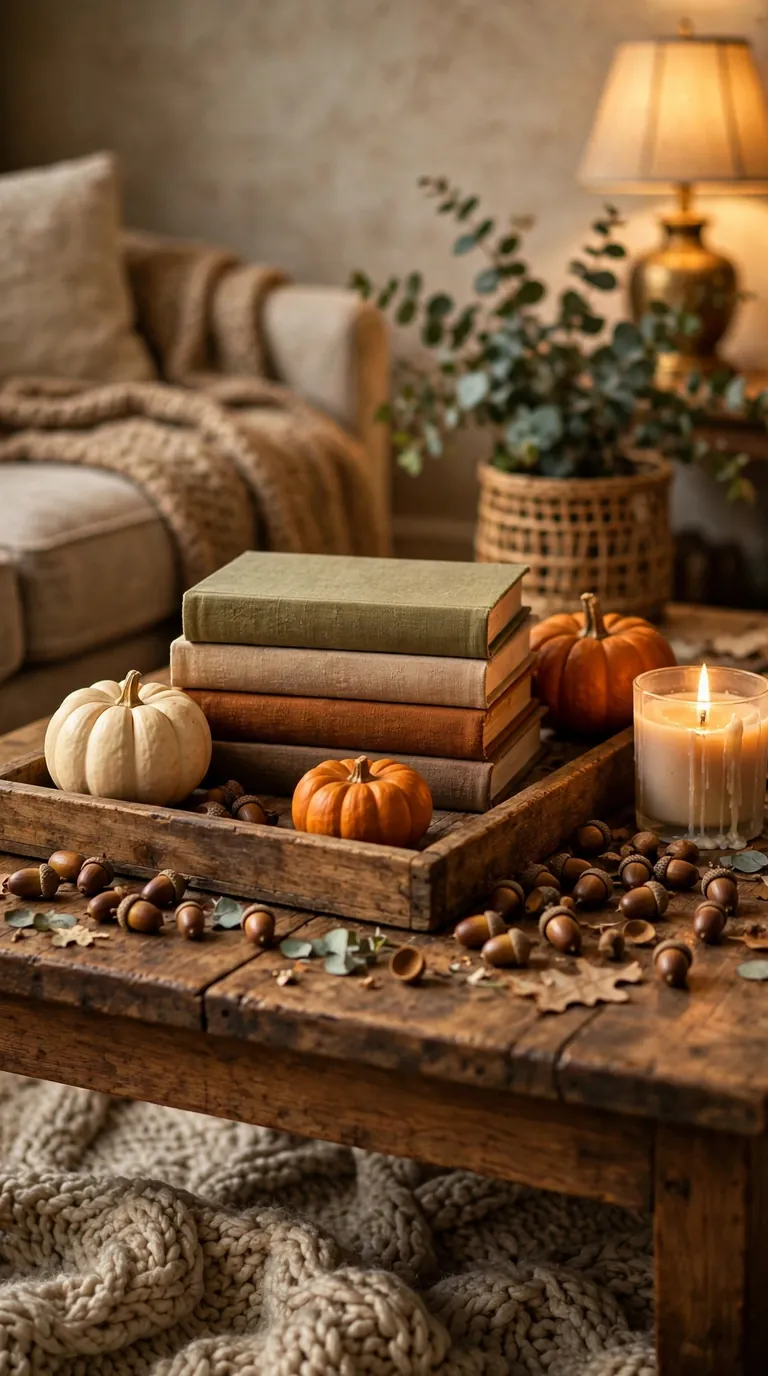 Coffee table with wooden tray holding pumpkins, books and a candle