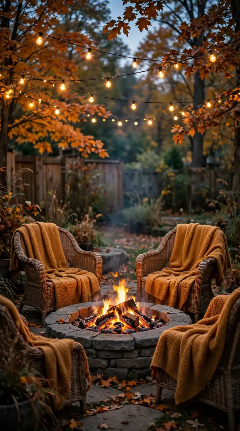 Cozy backyard fire pit lounge with wicker chairs and amber wool throws at dusk in a fall garden