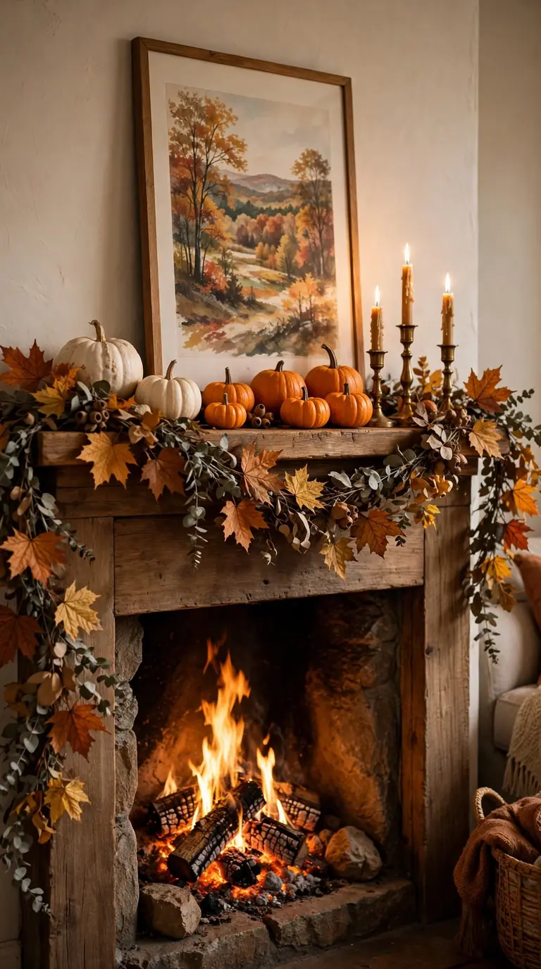 20 Fall Home Decor Ideas for a Warm Autumn Home 2026 Fireplace mantel styled with fall garland, pumpkins, and candles