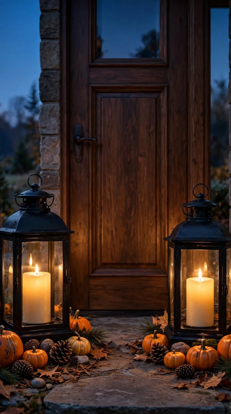 Black lanterns with flameless candles glowing on a fall front porch at dusk