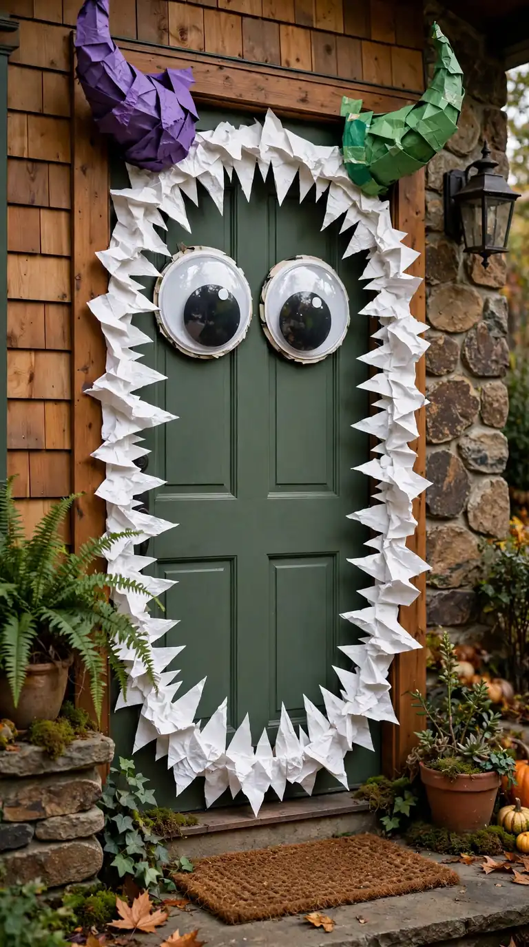 Front door decorated as a friendly monster face with googly eyes and paper fangs