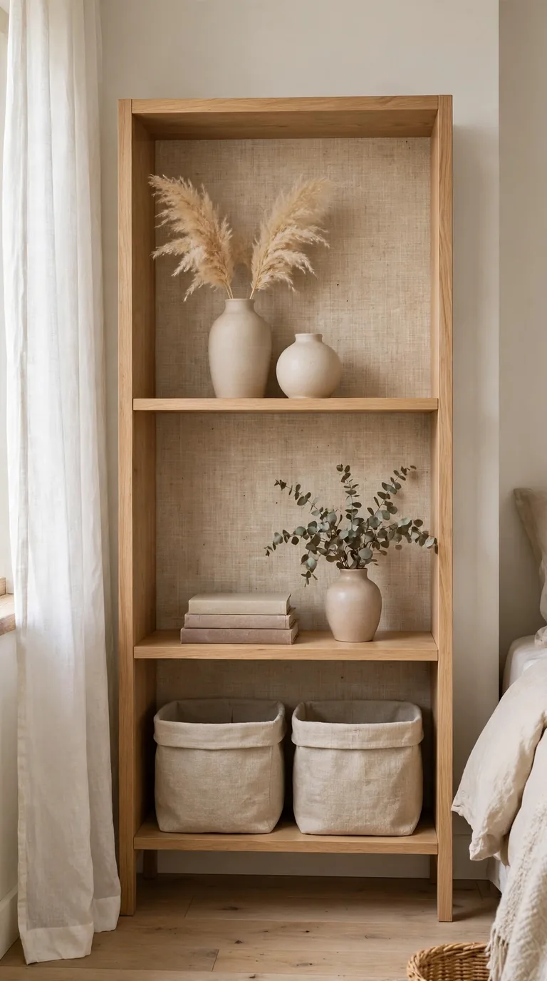 Natural grasscloth peel-and-stick shelf wallpaper on the back of a light oak bedroom bookshelf with baskets