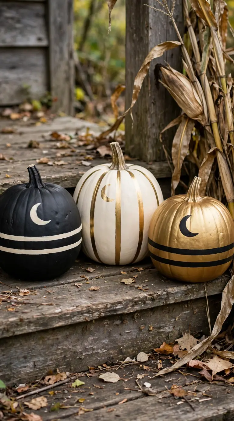 No-carve painted pumpkins in black, cream and gold on a porch