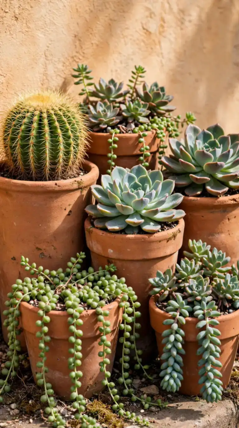 Cluster of terracotta pots with cacti and succulents decorating a Mexican backyard corner