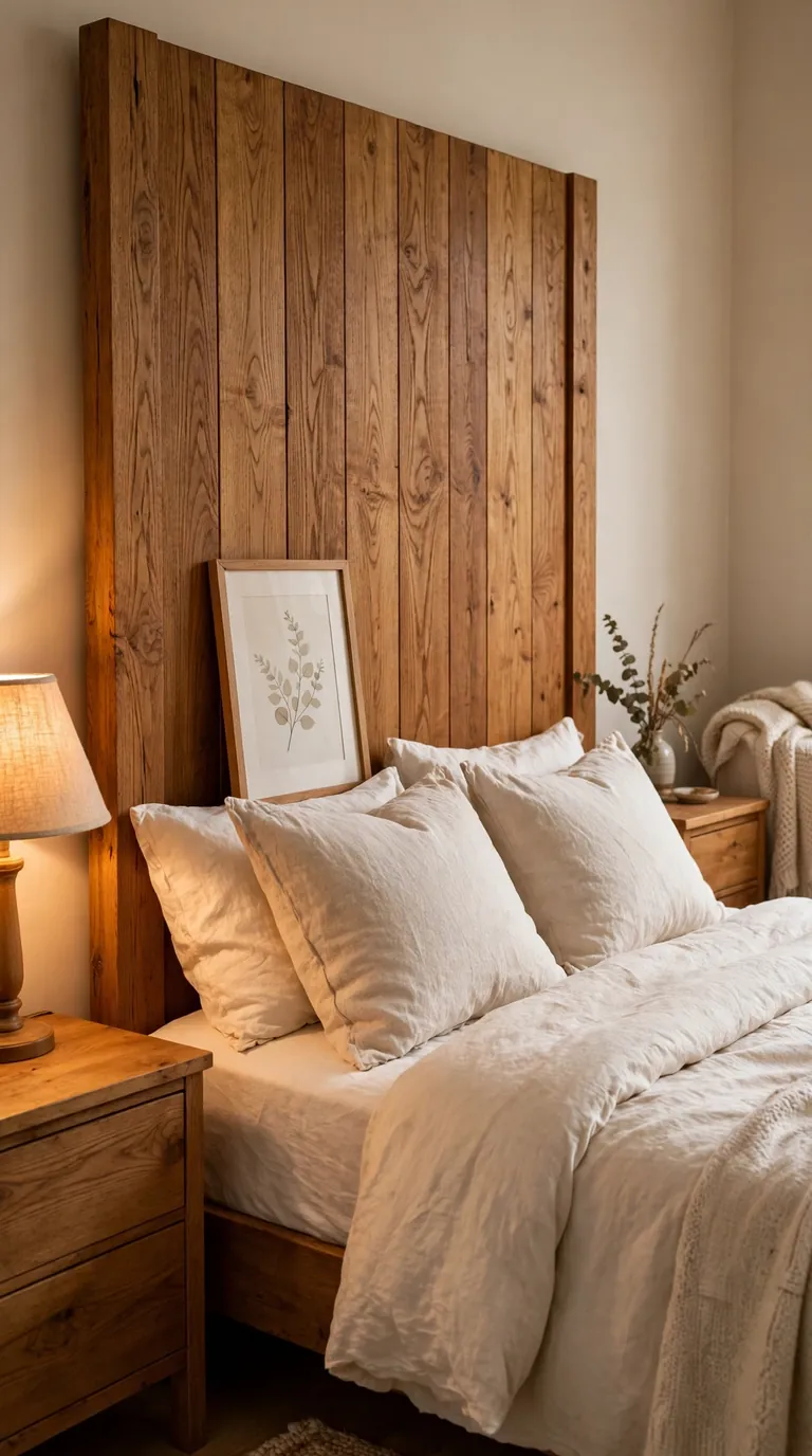 Cozy bedroom with a solid honey-toned wood headboard and warm lighting