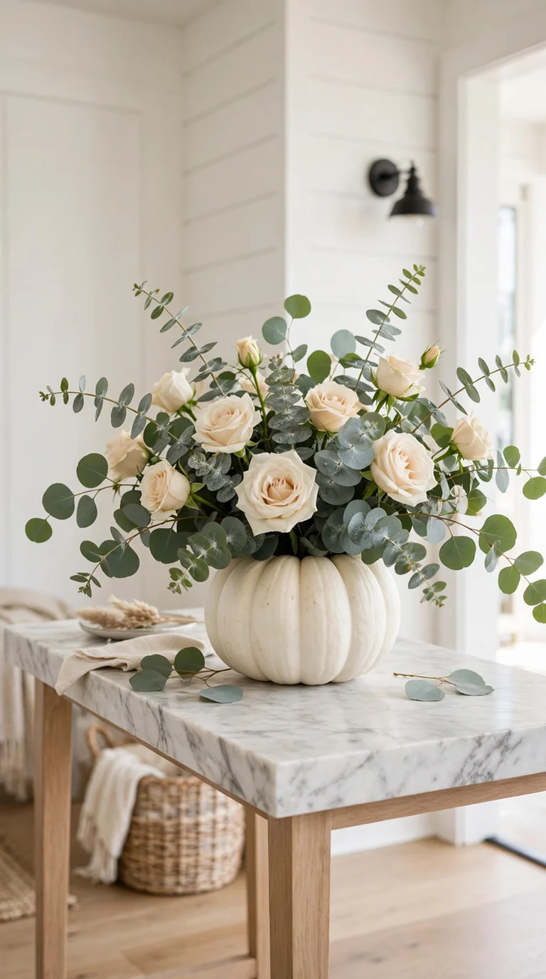 White pumpkin vase with silver dollar eucalyptus and cream roses