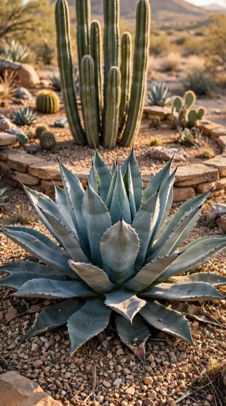 Sculptural blue agave and organ pipe cactus bed with gravel mulch in a Mexican backyard garden