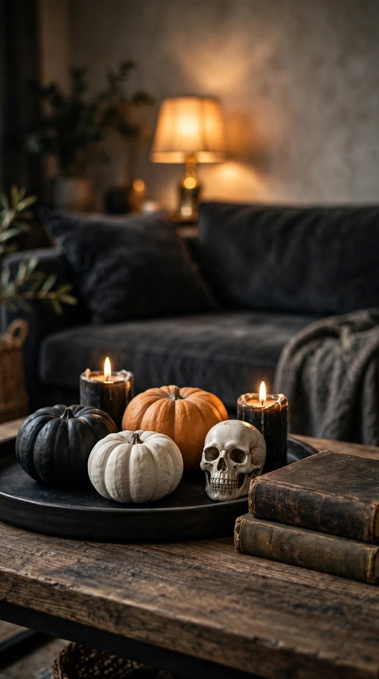Coffee table styled with black and orange Halloween decor and candles