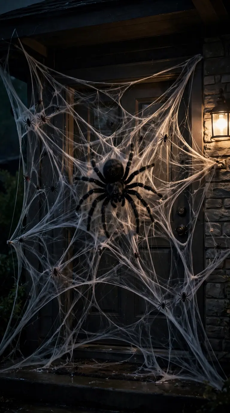 Front door covered in stretched faux spider webs with a giant black spider