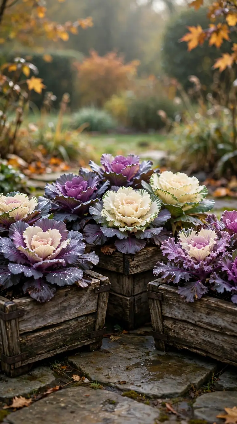 Purple and cream ornamental kale in low wooden planters on a stone patio