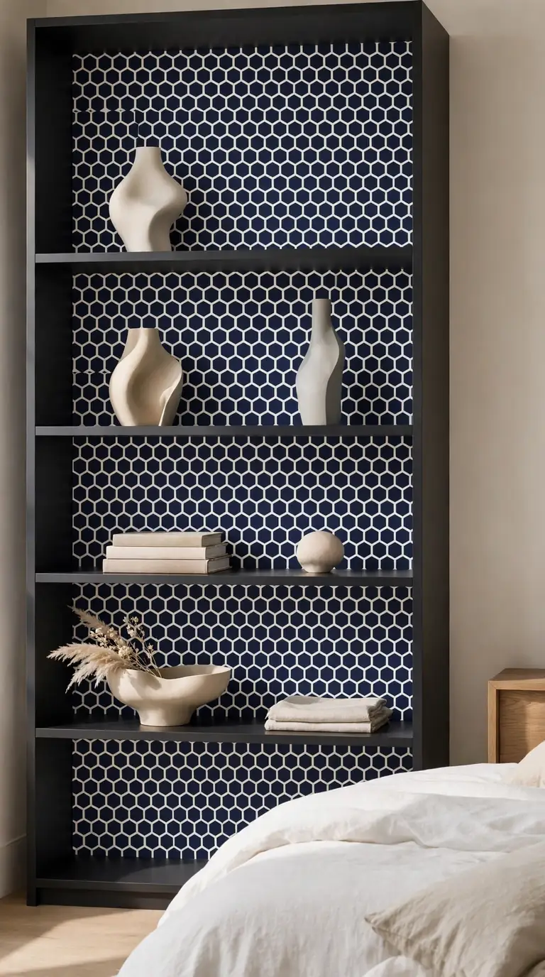 Navy and white geometric honeycomb shelf wallpaper on a modern bedroom shelf unit with minimal decor
