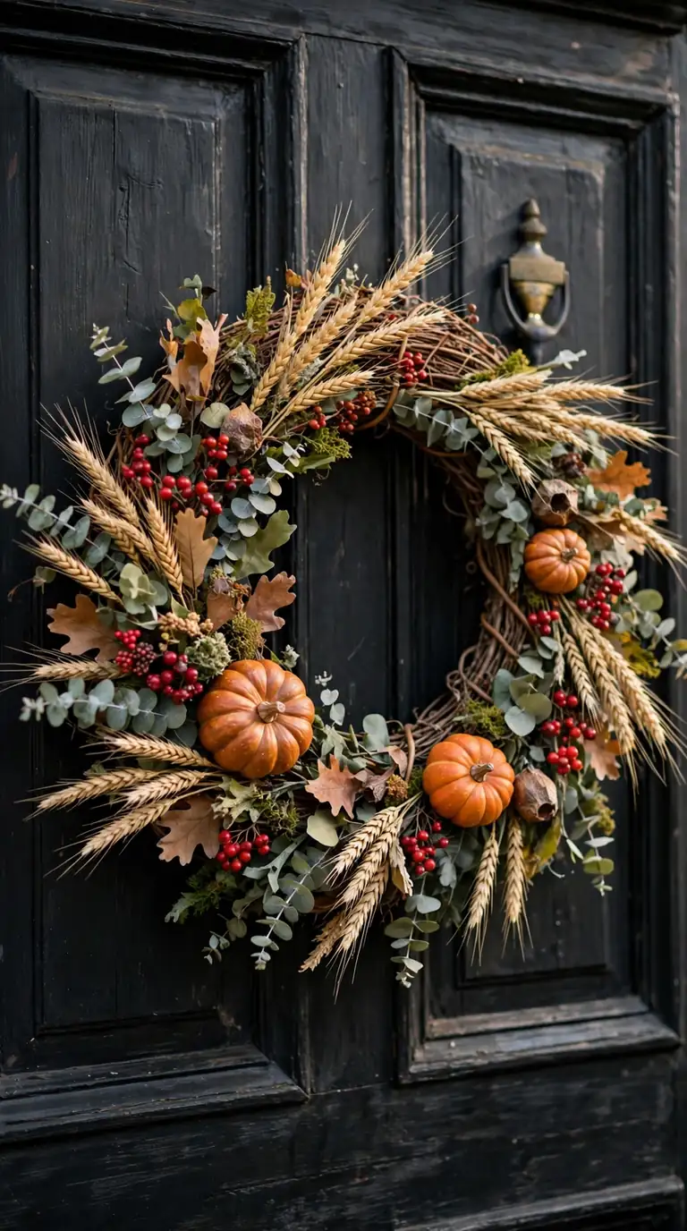 Dried wheat and berry harvest wreath hanging on a fall front door