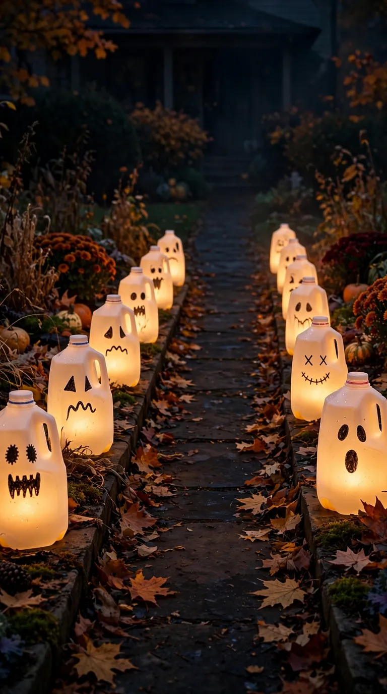 Milk jug ghost luminaries lining a front walkway at night
