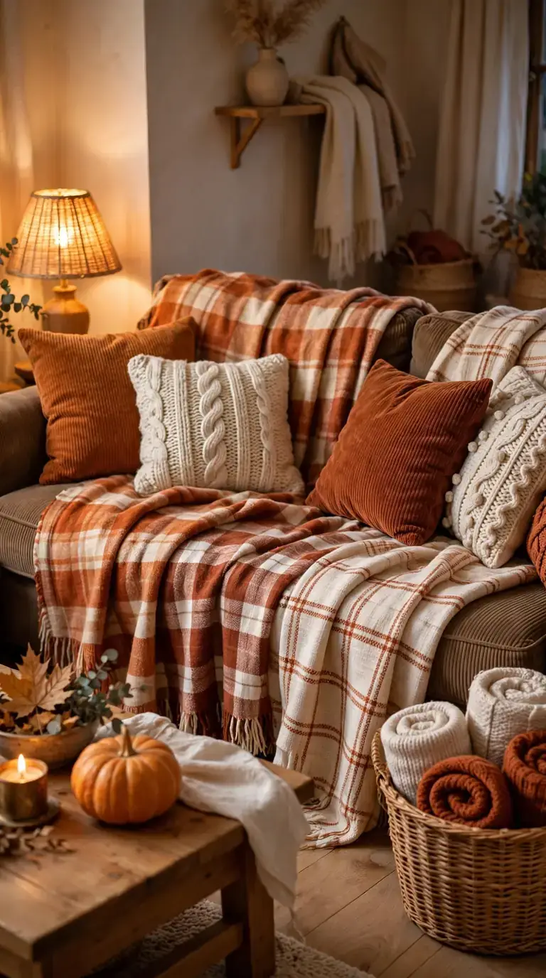 20 Fall Home Decor Ideas for a Warm Autumn Home 2026 Sofa layered with plaid throw blankets and autumn cushions