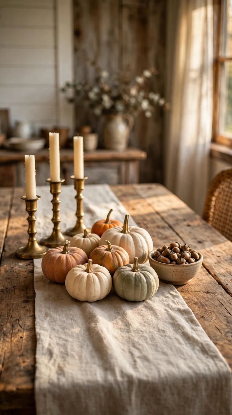 Rustic bare wood dining table with a simple linen runner and fall greenery