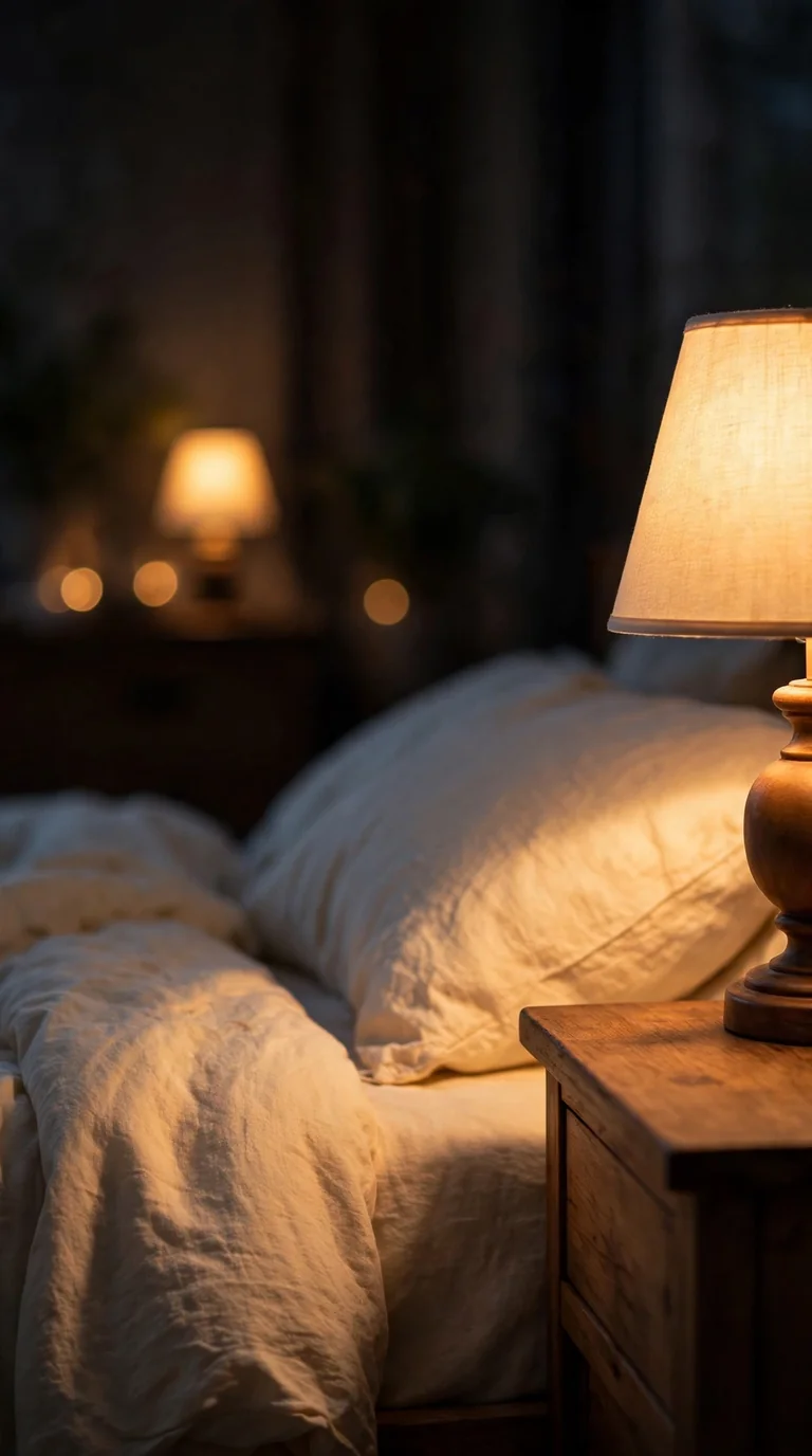 Bedside table with warm glowing lamp and fabric shade in a cozy bedroom