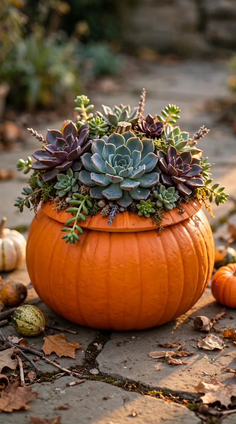 Pumpkin topped with a living arrangement of colorful succulents
