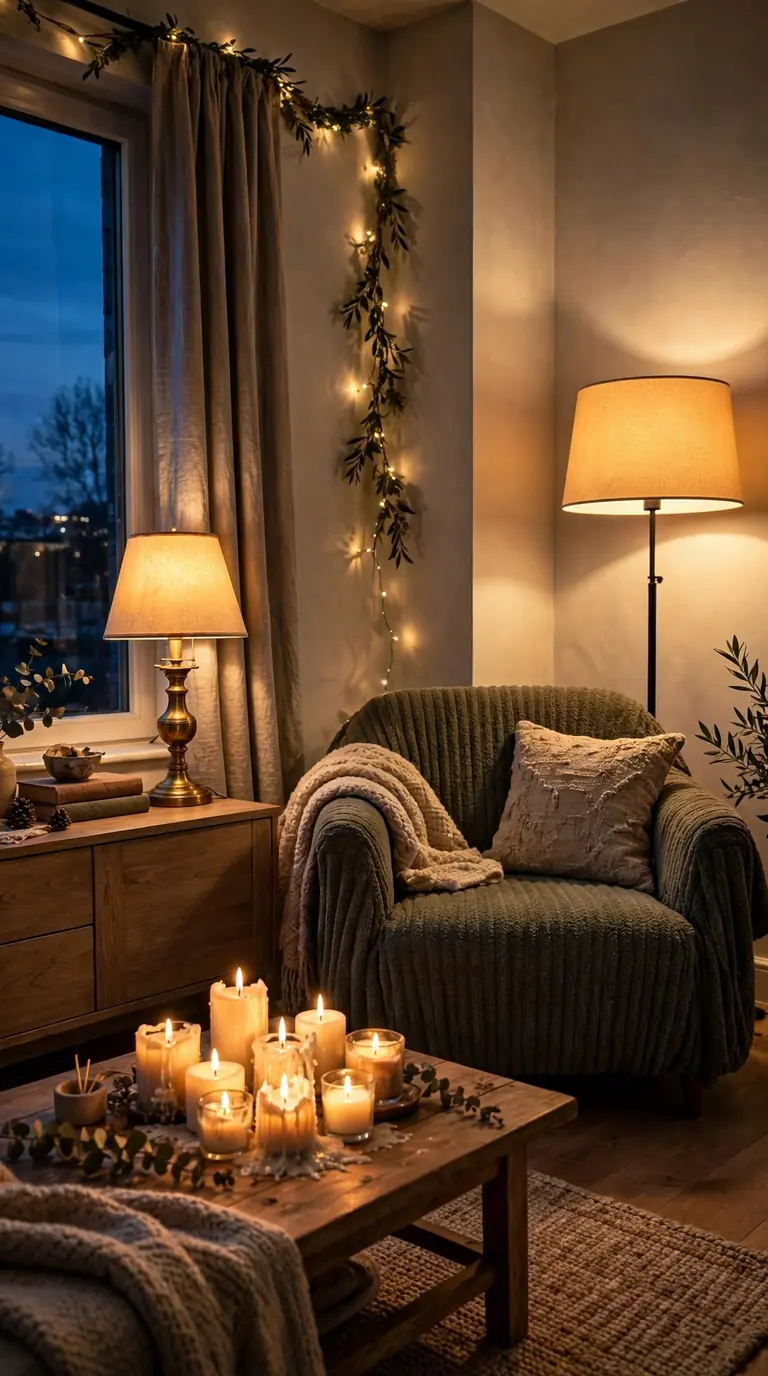 Living room corner with floor lamp and glowing candles at dusk