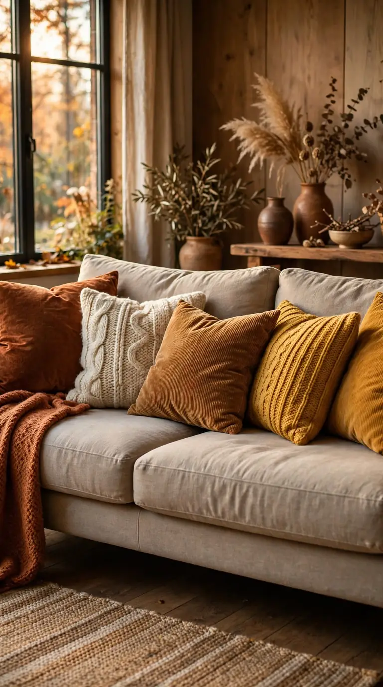 Sofa with rust, cream and mustard cushions in mixed textures
