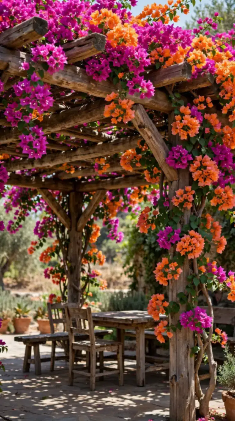 Wooden pergola draped in magenta bougainvillea flowers shading a Mexican backyard patio