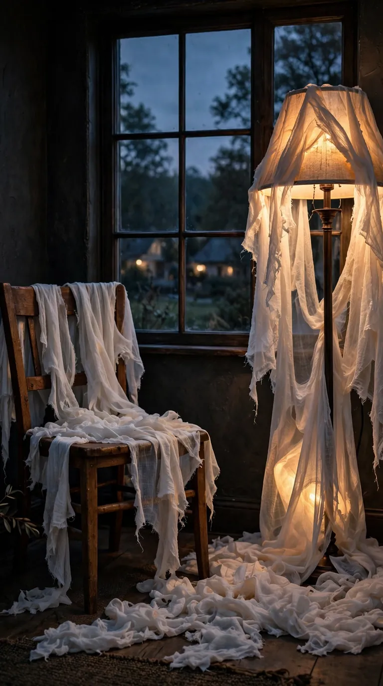 Cheesecloth draped over a chair and lamp creating ghostly Halloween figures