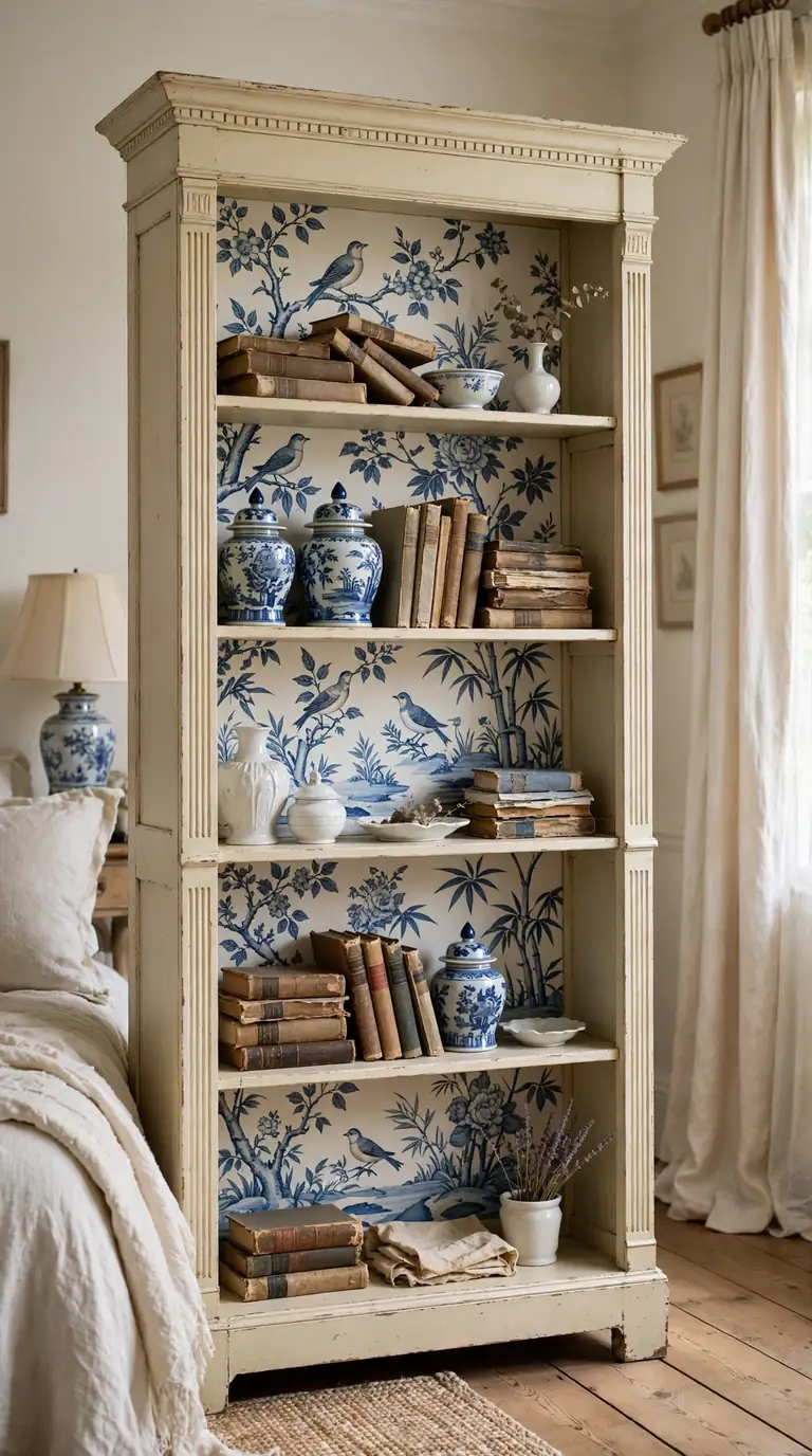 Blue and white chinoiserie wallpaper on the back of a cream vintage bedroom bookcase with ginger jars