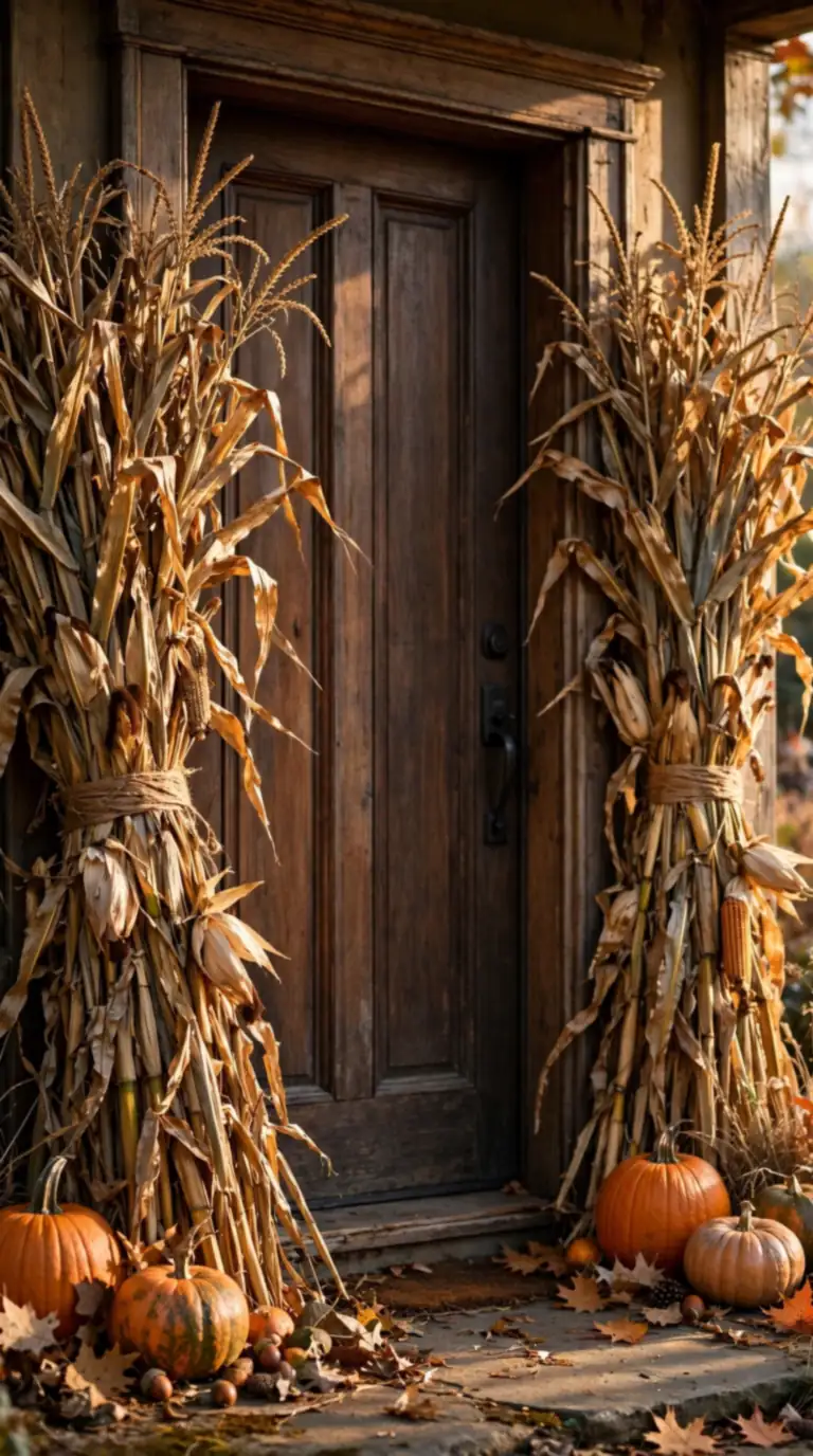 Dried cornstalks tied with twine framing a fall front doorway