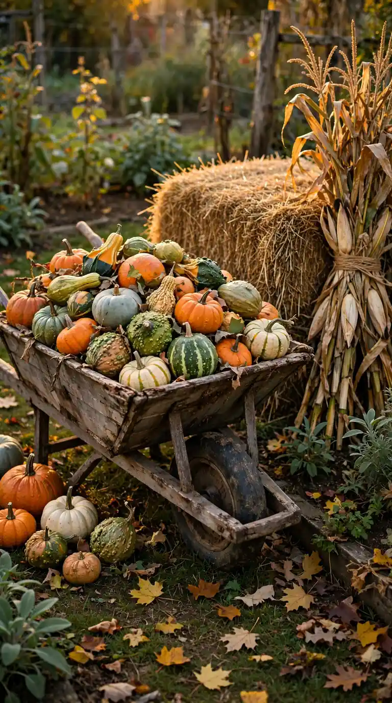 Weathered wooden wheelbarrow overflowing with gourds beside a hay bale and tied cornstalks