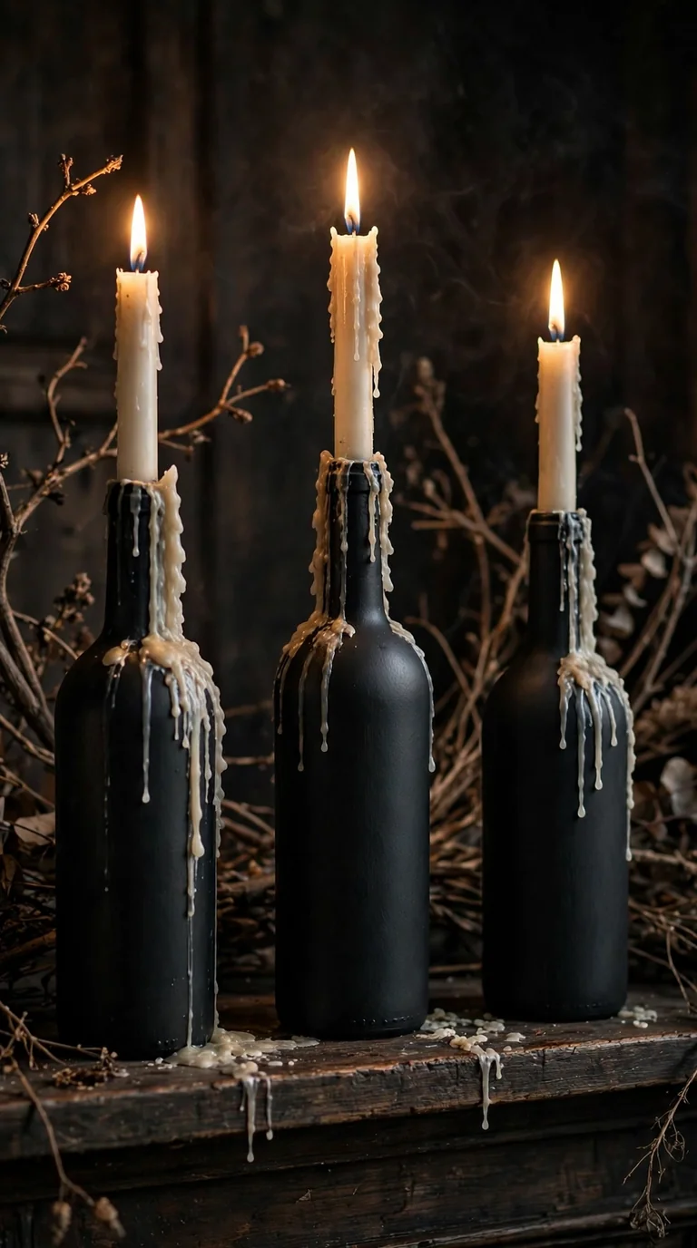 Gothic black wine bottle candlesticks with dripping wax on a mantel