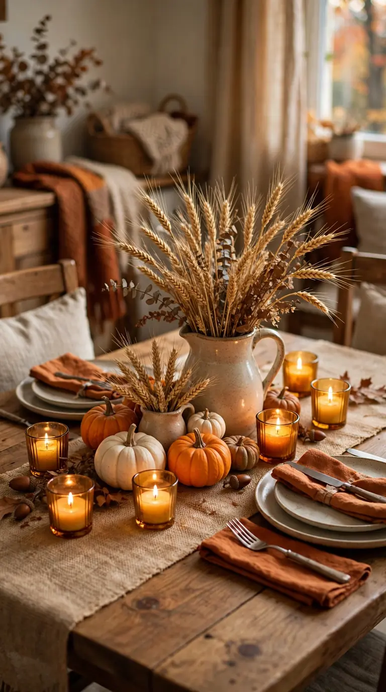 20 Fall Home Decor Ideas for a Warm Autumn Home 2026 Dining table with harvest centerpiece of pumpkins and wheat
