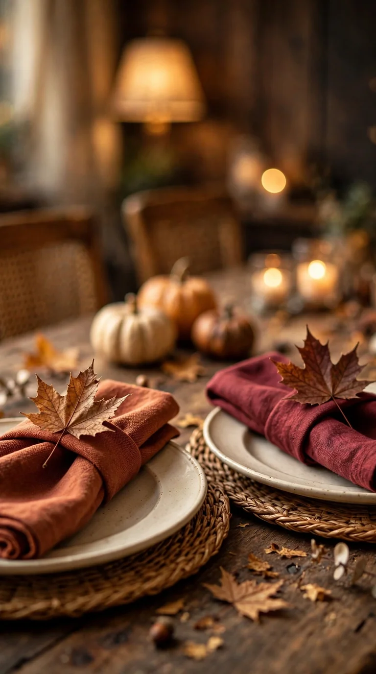 Fall place settings with folded linen napkins and dried leaves on charger plates