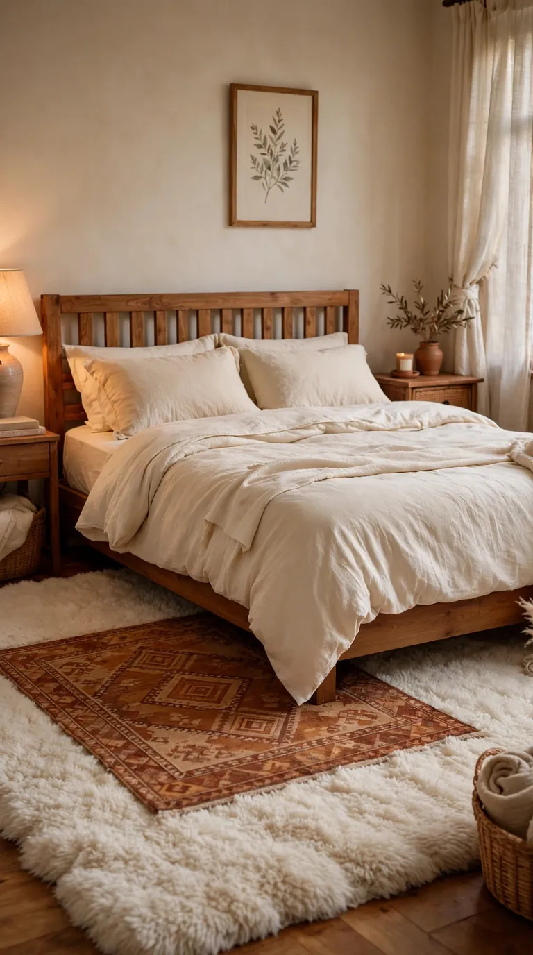 Plush layered rugs under a bed in a warm cozy bedroom